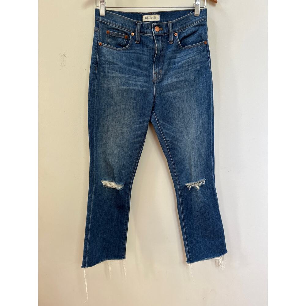 Madewell 10” High Rise Distressed Demi Bootcut Jeans Raw Hem Sz 28 Classic
